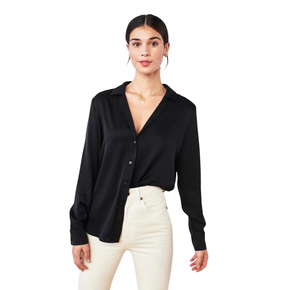 New Quince Womens Washable Stretch Silk Notch Collar Blouse Black XL 2599